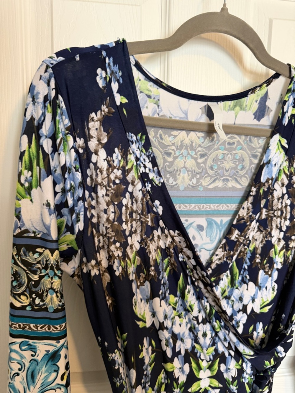 Tua Navy Garden Whimsy Floral Wrap Maxi Dress Size L Boho Long Sleeve Tie Waist - Picture 4 of 6